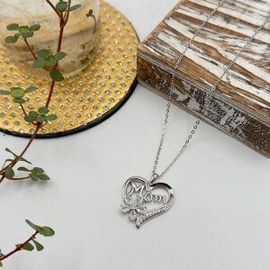 Mom Sterling Silver CZ Heart Necklace